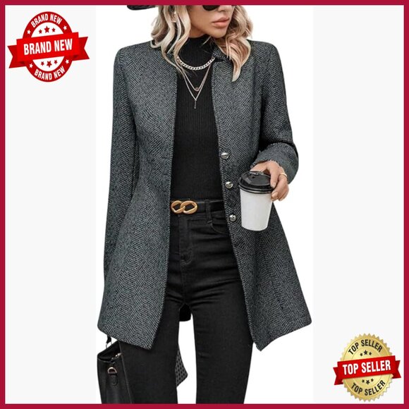 Wool Blend Herringbone Blazer Jacket Notch Collar Button Up Business Casual